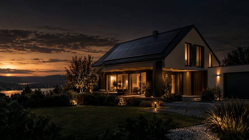 KI-generiertes Bild: Einfamilienhaus mit Solardach im Abendlicht