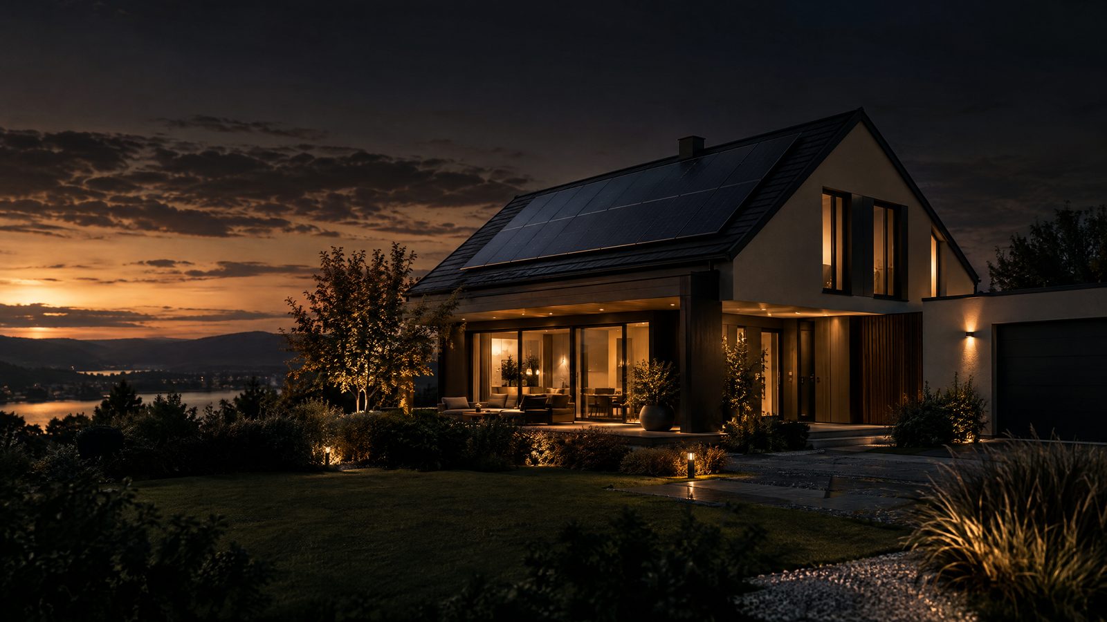 KI-generiertes Bild: Einfamilienhaus mit Solardach im Abendlicht