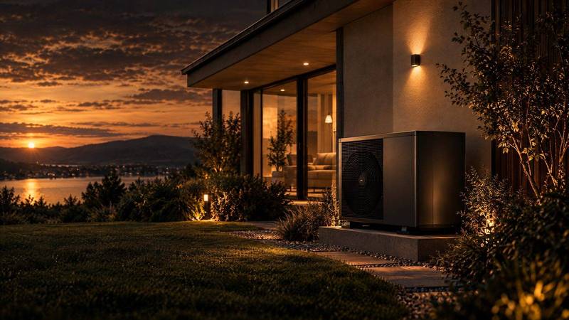 KI-generiertes Bild: Wärmepumpe an einem Haus im Winterlicht