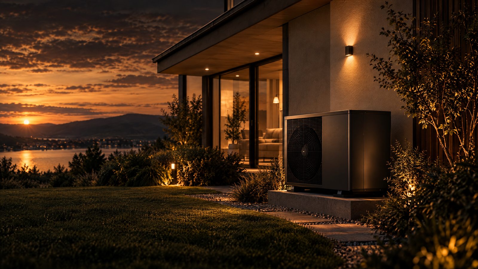 KI-generiertes Bild: Wärmepumpe an einem Haus im Winterlicht