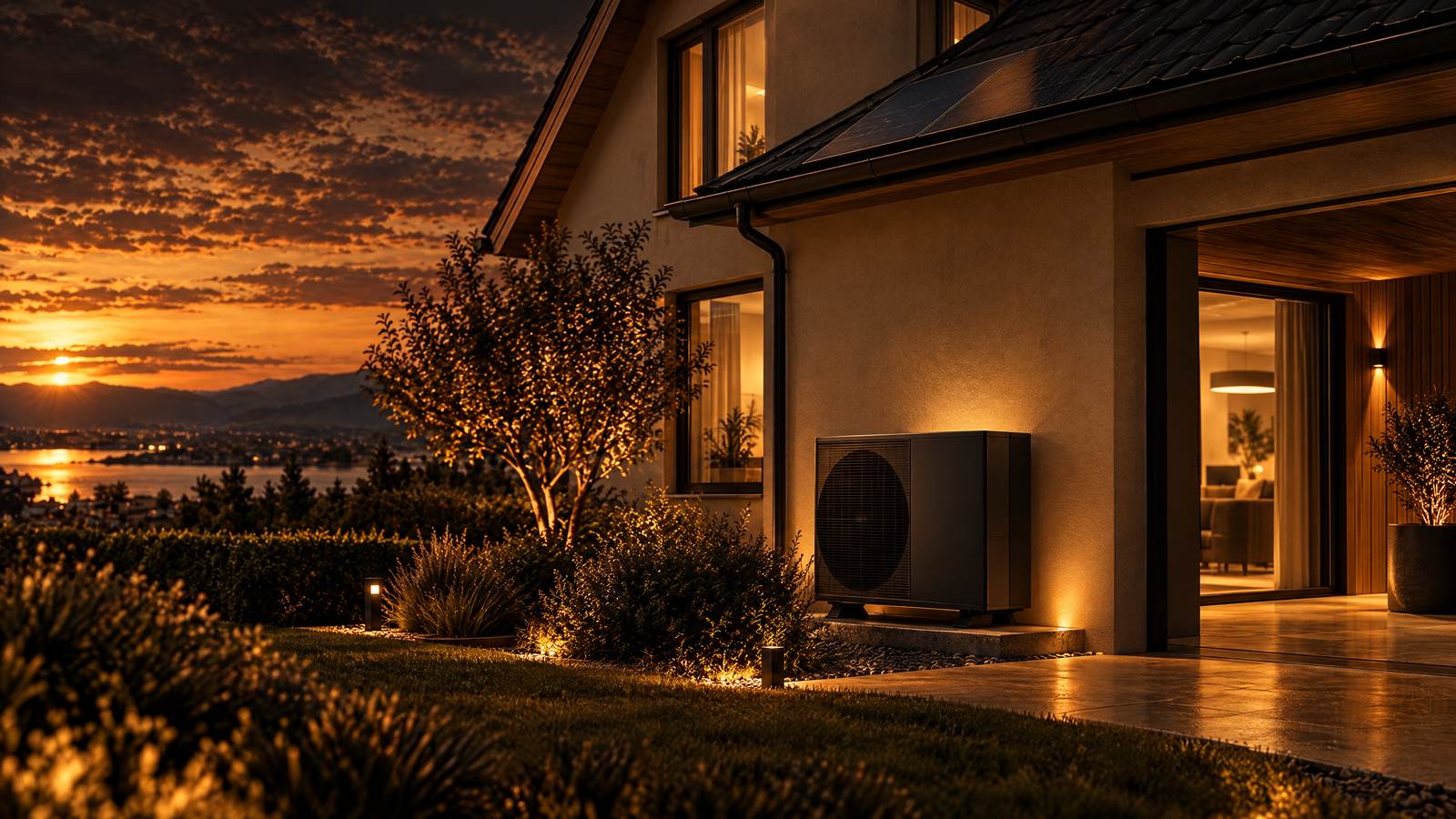 KI-generiertes Bild: Einfamilienhaus mit Solardach und Wärmepumpe